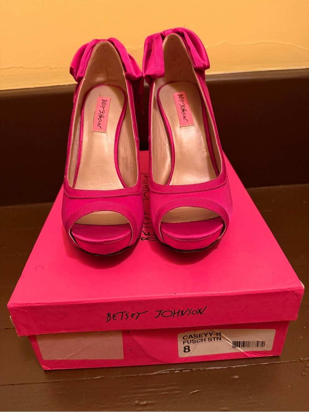 Betsey Johnson Fuchsia Open-Toe Heels with Bow Accent